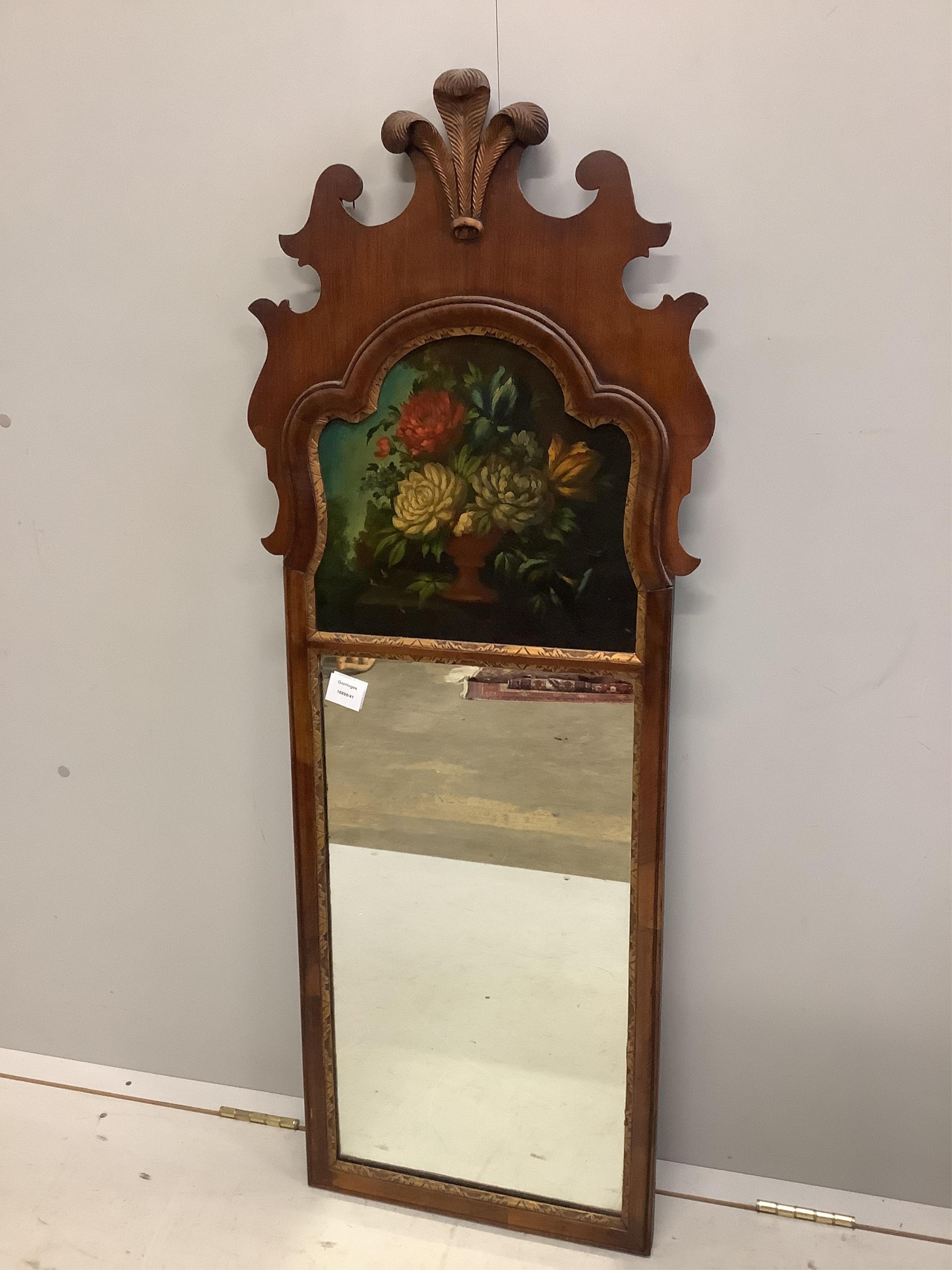 A Queen Anne Revival walnut trumeau type wall mirror, width 44cm, height 120cm. Condition - fair to good